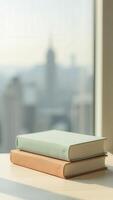 Pastel colored books resting on a window sill overlooking a city skyline photo