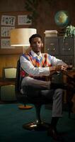 A man sitting in a chair with a computer in front of him photo