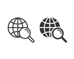 Search web icon set. Global search icon. World earth and magnifying glass icon vector