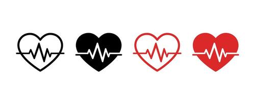 Heartbeat icon set with pulse line. Heartbeat pulse flat icon. Heart shape with pulse line. Heart beat pulse cardiogram wave icon vector