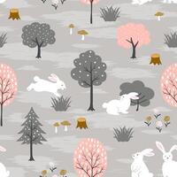 Seamless pattern with cute bunnies on spring forest for happy easter vector