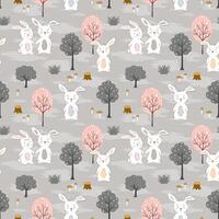 Seamless repeat pattern with hand drawn cute rabbits on spring forest vector