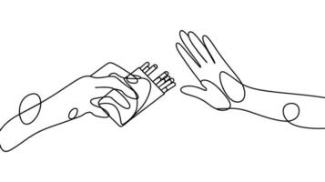 continuous one line drawing of a hand offering cigarettes and another refusing. vector
