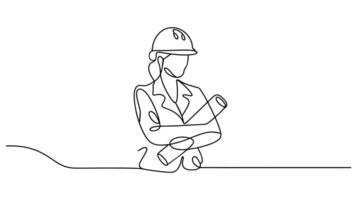 continuous one line drawing of a female engineer holding blueprints vector