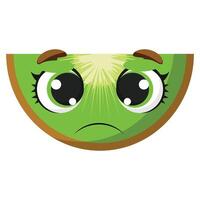 Green kiwi slice with sad expression, ideal for childrens prints, educational materials, healthy food themes, and fruit-related content vector
