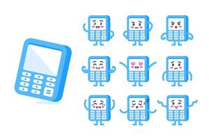 Calculator character set of poses and emotions, mascot of mathematics, finance and accounting, in cartoon kawaii style vector