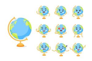Globe character poses and emotions set, mascot of geography, travel and world exploration in cartoon kawaii style vector
