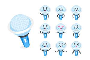 Microphone character set of poses and emotions, mascot of music, journalism, performances and radio, in cartoon kawaii style vector