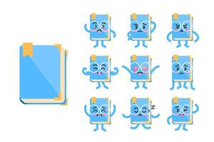 Book in glasses character poses and emotions set, mascot of knowledge, study and libraries in cartoon kawaii style vector