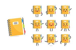 Notebook character set poses and emotions, mascot of study, inspiration, planning and ideas in cartoon kawaii style vector