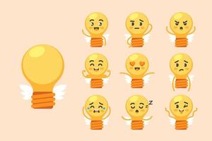 Light bulb with wings character set of poses and emotions, mascot of insight, creative ideas and problem solving, in cartoon kawaii style vector