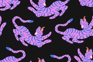 Quirky seamless pattern with asian tigers. summer background. Groovy design for fabric, textile, cover vector
