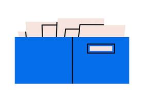 Hand drawn cute illustration of file archive with documents. Flat information storage doodle. Organization or management icon. Folder with office papers. Catalog or database. Isolated. vector