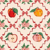 coquette trellis bow, apples seamless pattern. Coquette core preppy bows texture for tablecloth vector