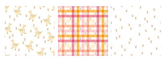 pattern set with goose or duck, spring flower tulip, checkered background, nursery, fabric, birthday vector