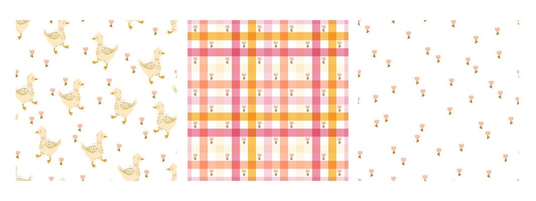 pattern set with goose or duck, spring flower tulip, checkered background, nursery, fabric, birthday