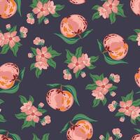Red apples and blossom floral branches seamless pattern. Blooming garden, fabric, wrapping texture vector