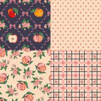 Coquette core preppy bows, polka dot, apple checkered seamless pattern set, wrapping, fabric textile vector