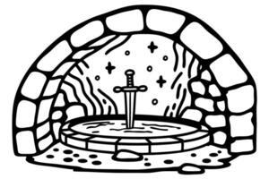 legendary sword in stone cave magical, mythical quest icon symbol of power and heroic adventure vector