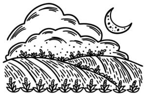 Whimsical landscape drawing with rolling hills, crescent moon, and stylized clouds vector