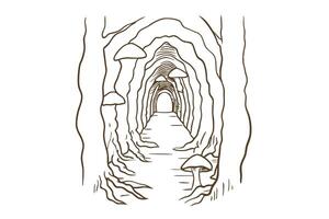 enchanted forest pathway illustration with mushrooms in mystical tunnel vector