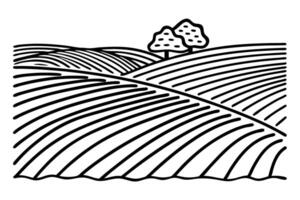 minimalist landscape illustration with rolling hills and two trees in black and white line art vector