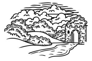 Scenic countryside landscape with ancient stone gate and rolling hills under a cloudy sky vector