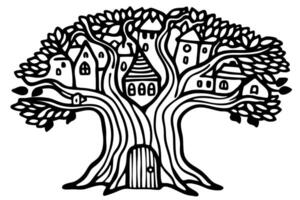 whimsical treehouse village enchanted tree with houses and doors, fantasy woodland scene vector