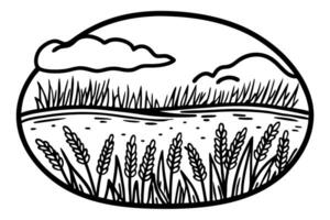 Nature scene tranquil river and wheat field under cloudy sky vector