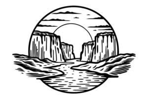 monochrome landscape with rugged canyon and river, retro circular design, nature scene illustration vector
