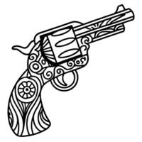 ornate revolver illustration with intricate line art patterns in black and white design vector