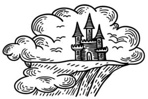 Whimsical castle on cliff surrounded by clouds in black and white illustration vector