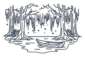 Illustration of a serene forest lake with a canoe under hanging trees vector