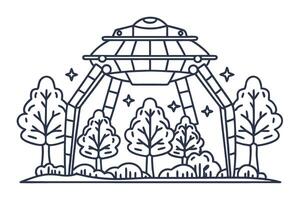 ufo in forest spaceship, alien spacecraft hovering among trees extraterrestrial whimsy, sci fi fantasy scene vector