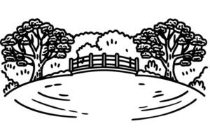 Scenic landscape with a bridge, trees and grassy field in nature illustration vector