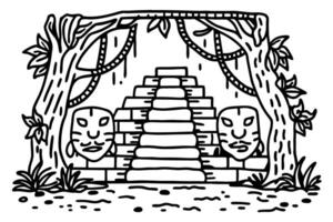 Ancient jungle temple illustration with stone masks and creeping vines vector