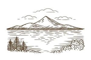 scenic mountain lake with pine trees and clouds in vintage illustration vector