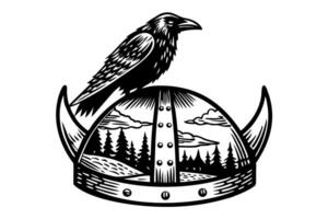 Raven perched on viking helmet, woodland landscape, black and white illustration vector