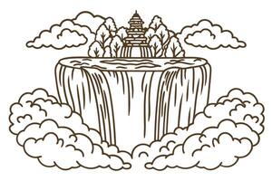 Serene temple amidst waterfall and clouds peaceful scenery drawing with nature elements vector