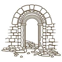 ancient stone archway with crumbling rock rubble, historical architecture line art illustration vector