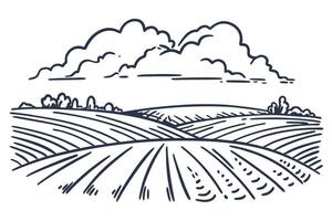 Scenic landscape sketch of rolling hills and fields with cloudy sky in minimalist vector