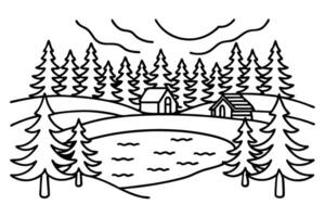 Cozy cabin by forest lake with pine trees under a cloudy sky in black and white line art vector