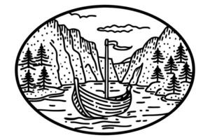 Viking ship on serene lake, surrounded by majestic mountains and pine trees in oval design vector