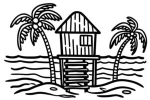 Tropical beach hut with palm trees and ocean waves in a coastal paradise vector