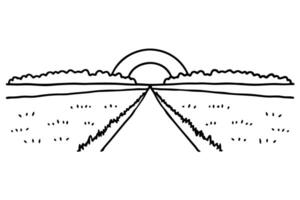 sunset horizon over fields with pathway, simple nature landscape line art illustration vector