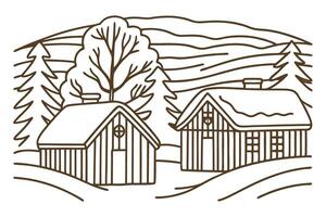 Rustic cabins in forested landscape tranquil nature, trees, and hills sketch vector