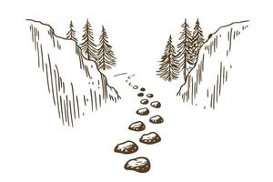 Scenic forest path illustration framed by cliffs and evergreen trees in a tranquil setting vector