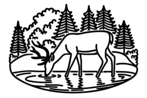 Wild deer drinking from forest lake in serene nature scene, outlined art vector