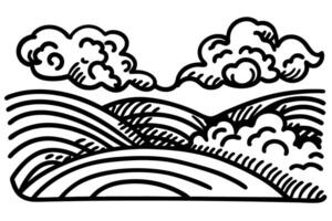 black and white landscape rolling hills and clouds in bold linear design, simplified nature art vector