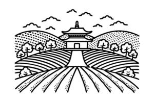Monochrome pagoda landscape with fields and trees, traditional chinese inspired line art vector